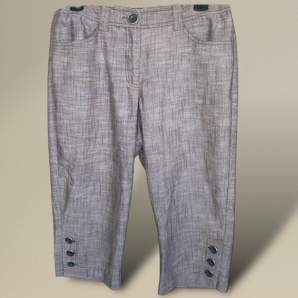 89th & Madison Brown Stretch Linen Textured Front Capri Pants Button Accent Hems - Picture 1 of 9